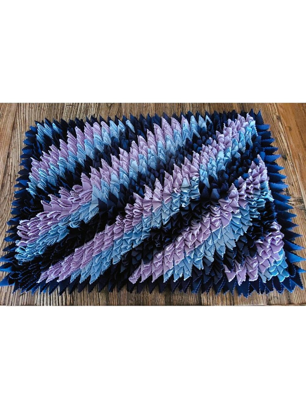 Vintage 70s Handmade Folded Scrap Rug Door Mat Lilac Navy Blue Folk Art 27 x 19"